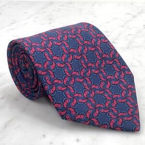 HERMES Tie 100% Silk Tie 56” x 3.5” Red Belt w Blue Buckle on Blue 7420 EUC